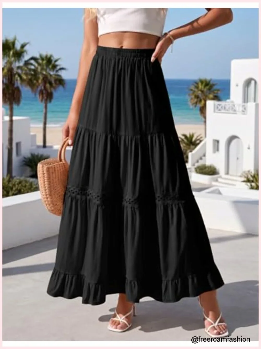 Boho Cotton Lace Crochet Flowy A-Line High Waisted Maxi Skirt